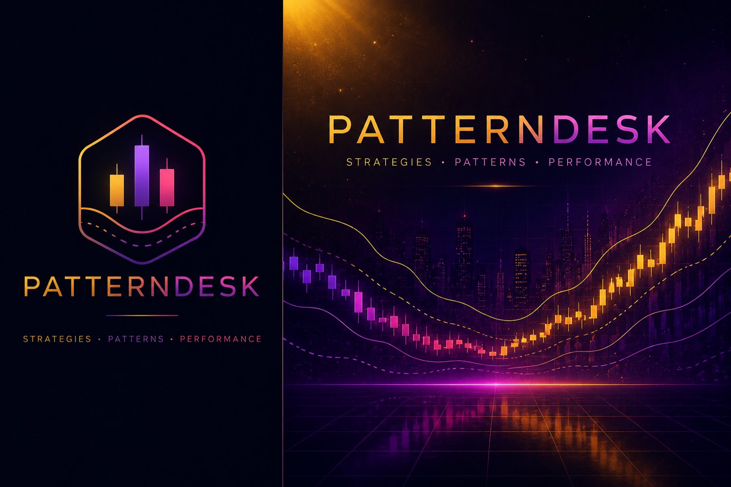 PatternDesk chart pattern training visual with candlesticks and neon market lines